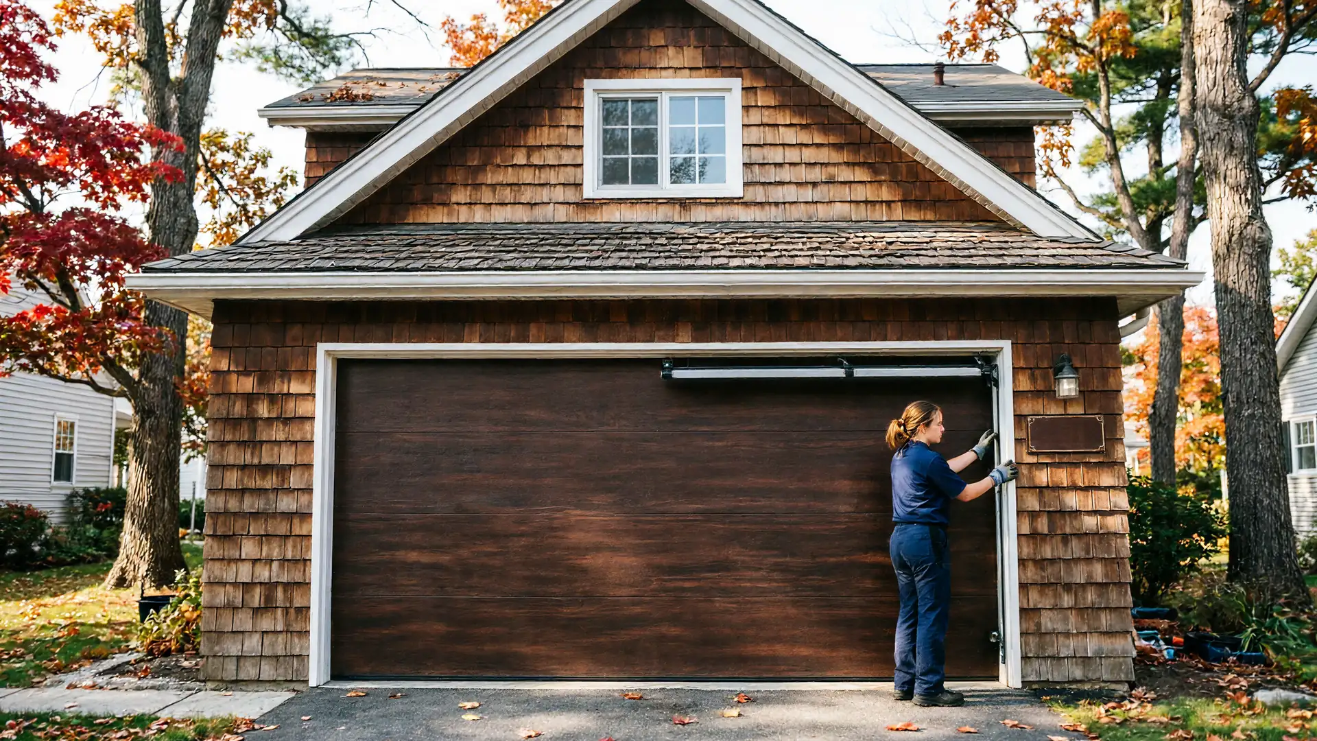 A technician in blue works on the right side of a brown garage door.