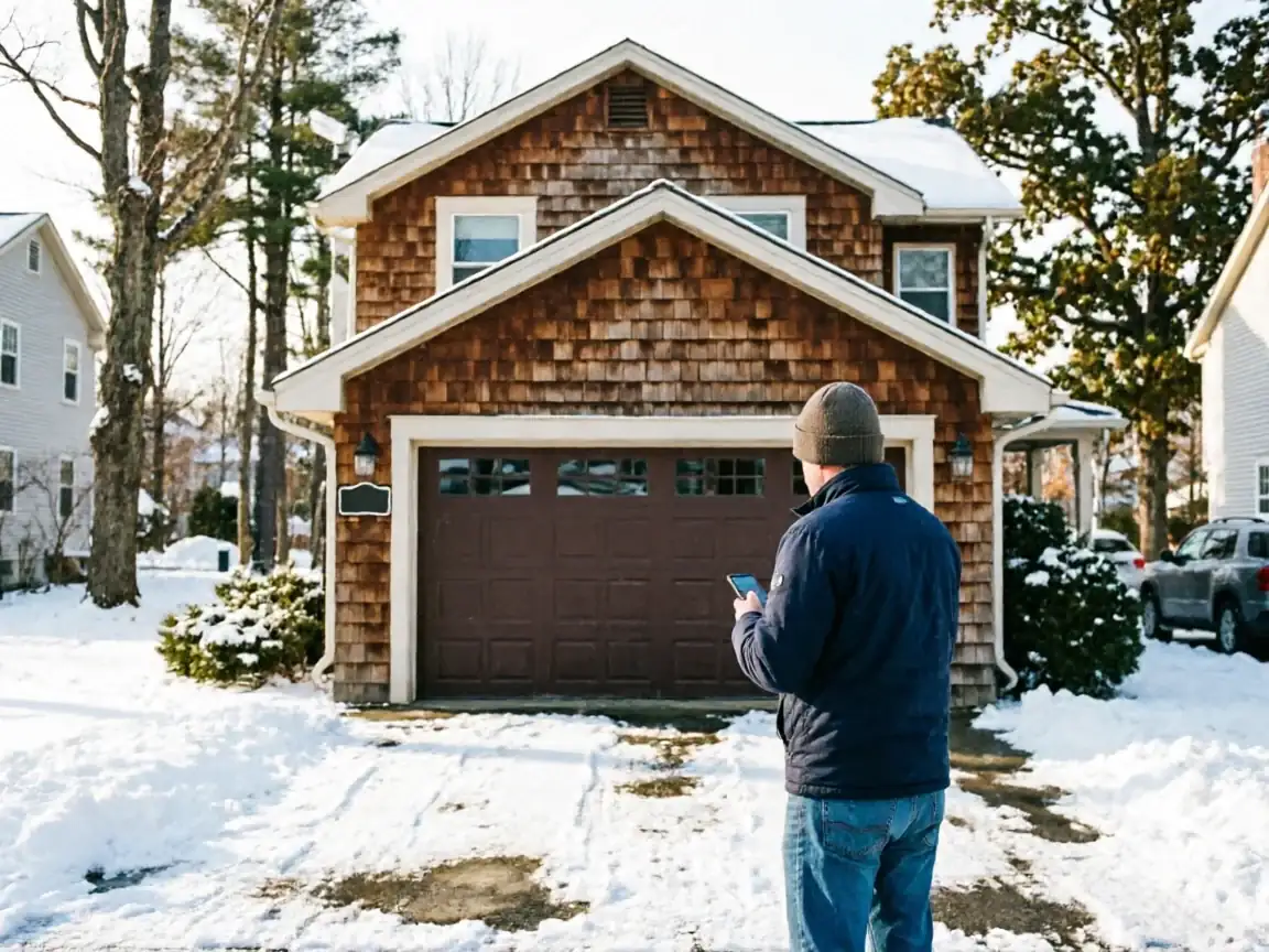 A man stands in a snowy driveway looking at his phone in front of a house.