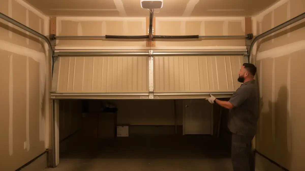 A technician in a gray shirt and gloves is adjusting a tan garage door.