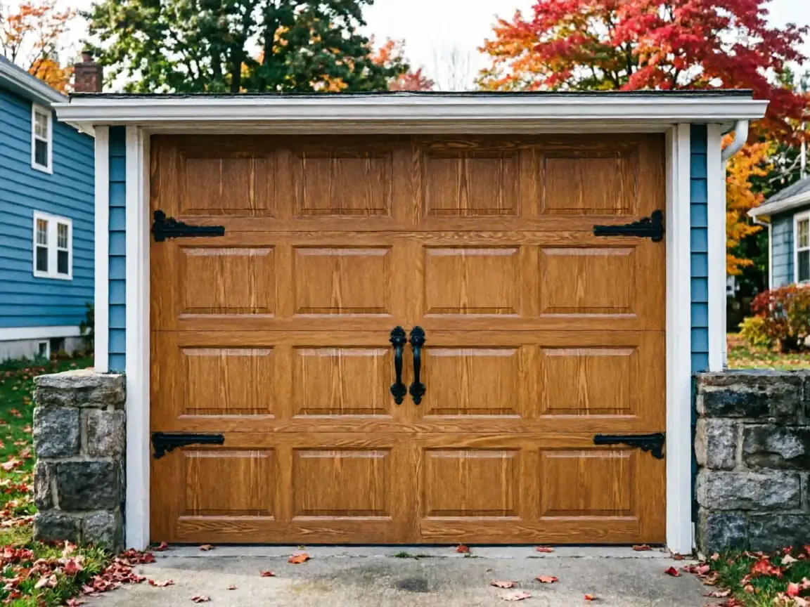 A brown wooden garage door with decorative black hardware is surrounded by autumn leaves.